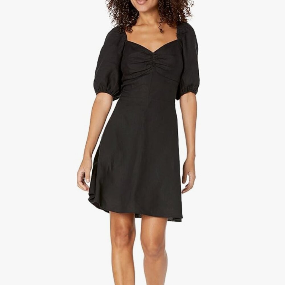 THE DROP Linen Puff Sleeve Dress in Black